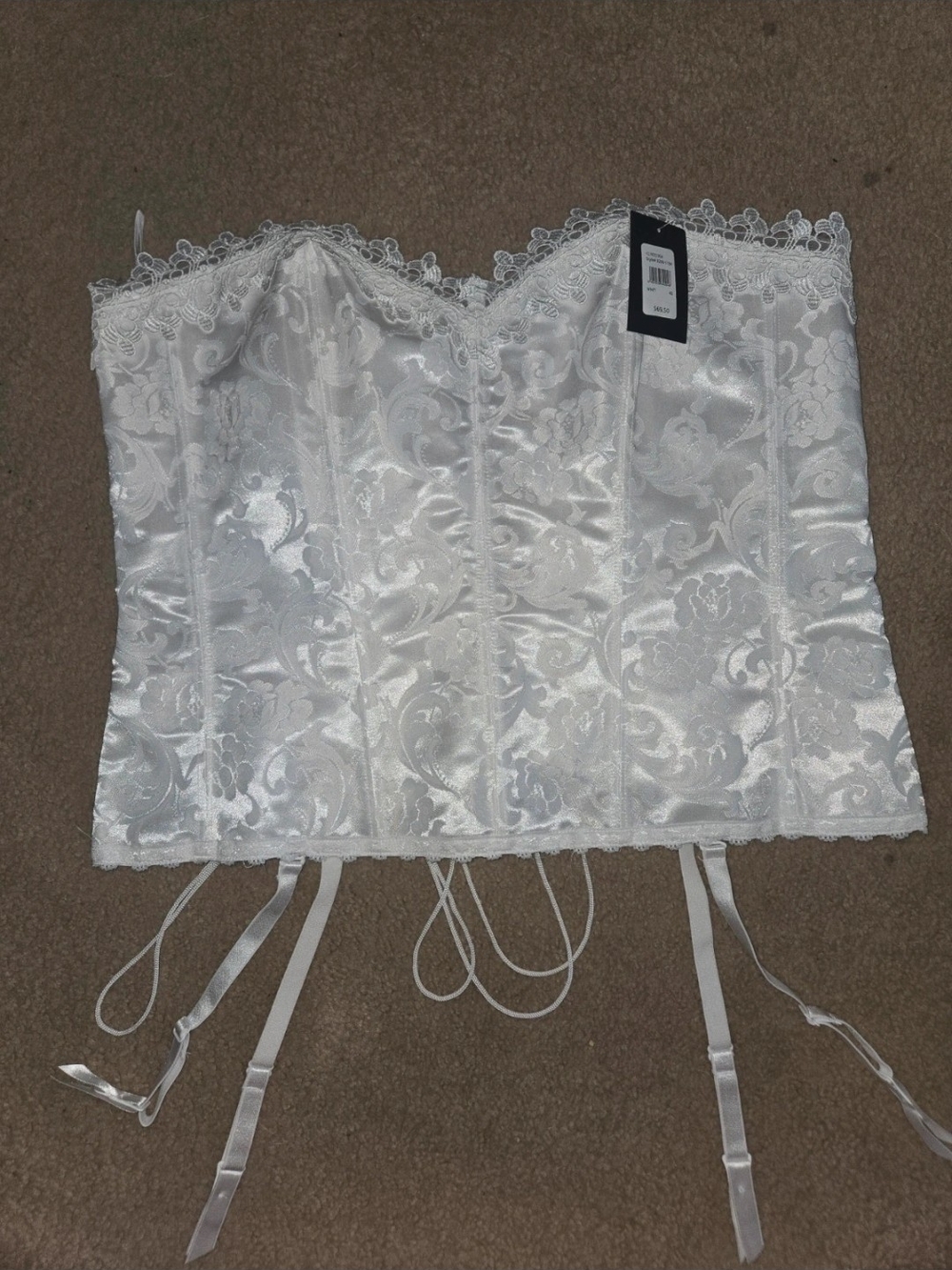 Frederick's of Hollywood White Floral Satin Lace Bustier with Garters